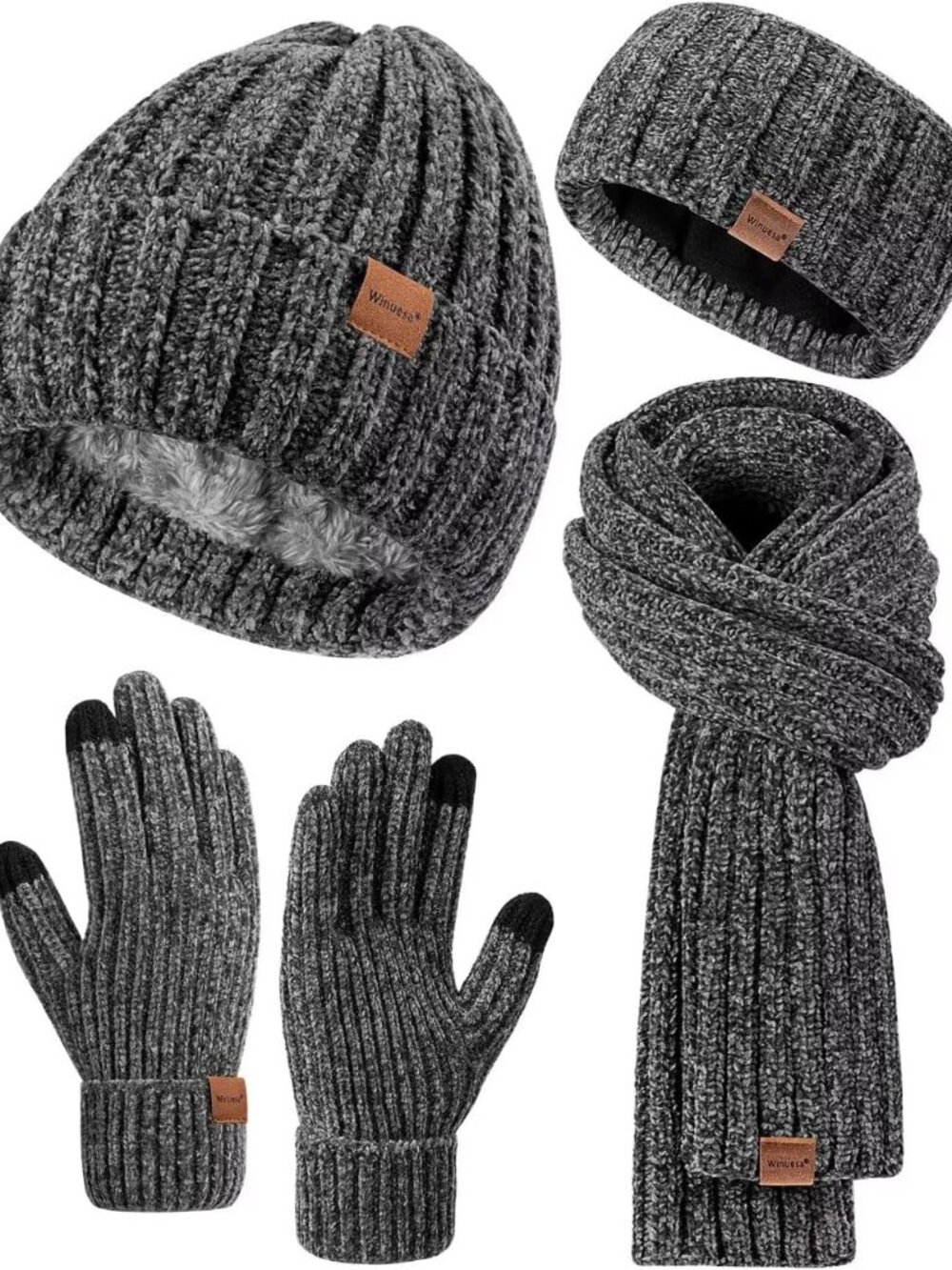 Women Beanie Scarf Gloves Headband Set, Chenille Winter Hats Fleece Lined Ear Wa